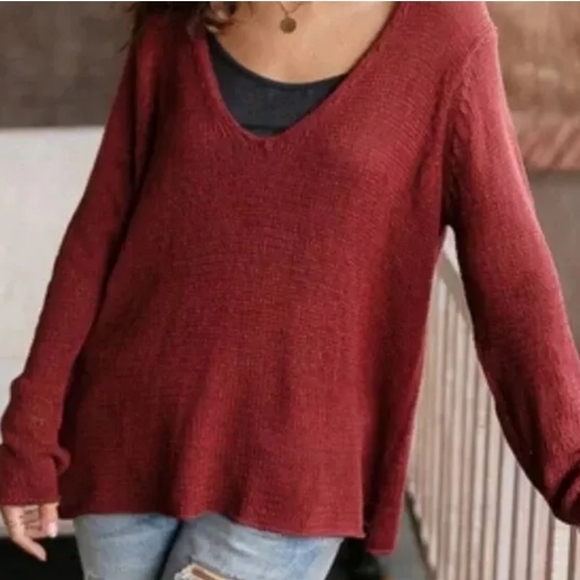 Wooden Ships Red V- Neck Boxy Sweater - Picture 1 of 5